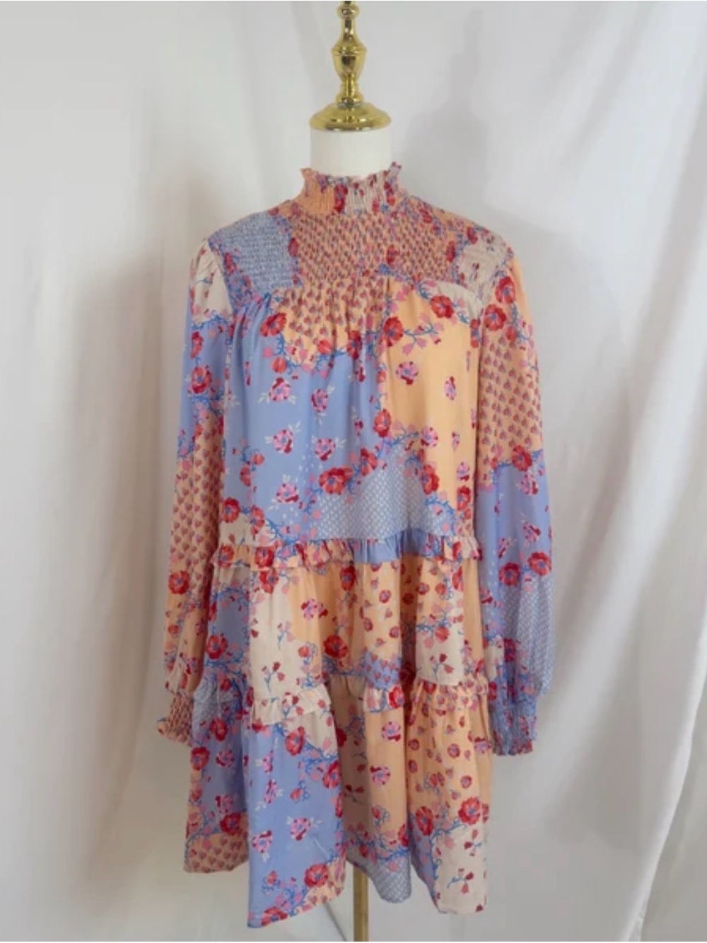 Karlie Patchwork Floral Long Sleeve Dress in Blue and Cream